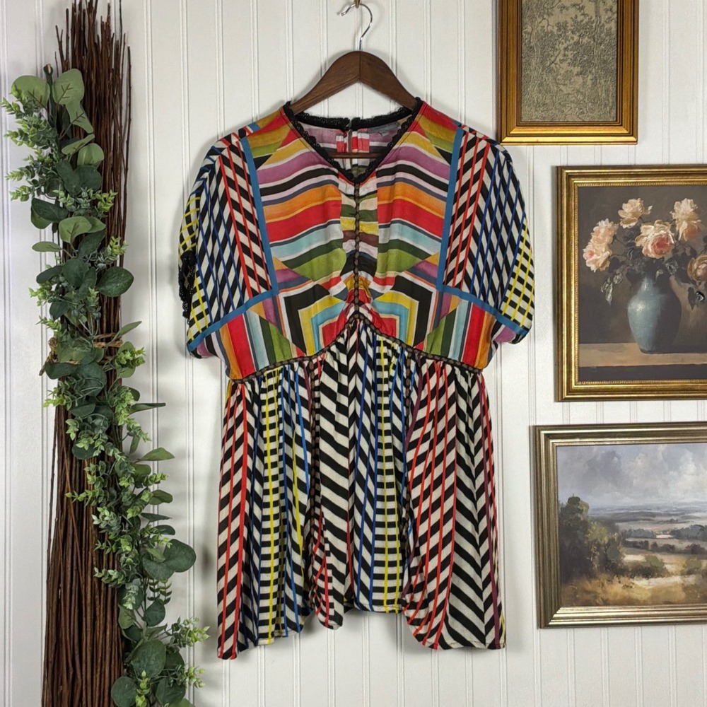 Conditions Apply Blouse Womens Large Multicolor Excellent Geometric Stripe Boho